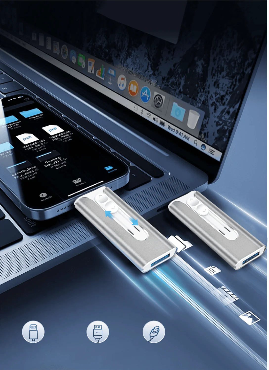 PowerDrive™ USB – 4-i-1 USB-minne (iPhone / USB-A / USB-C)